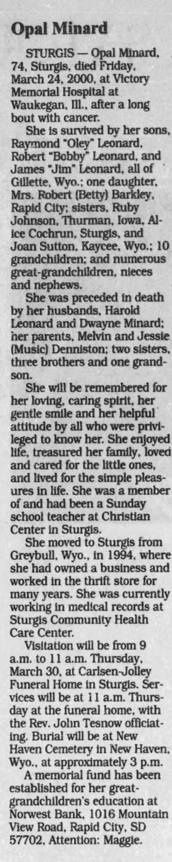 Obituary for Opal Minard (Aged 74)